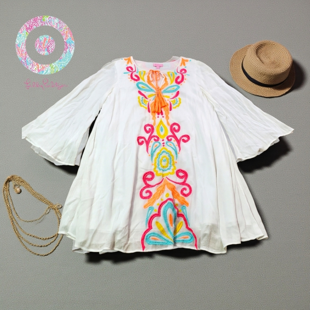 Lilly Pulitzer Ellie Tunic Dress "Resort White Too Much Bubbly" Neon Embroidery - Picture 6 of 16